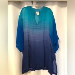 Beautiful Gottex silk bathing suit coverup OS blue turquoise purple ombré v-neck